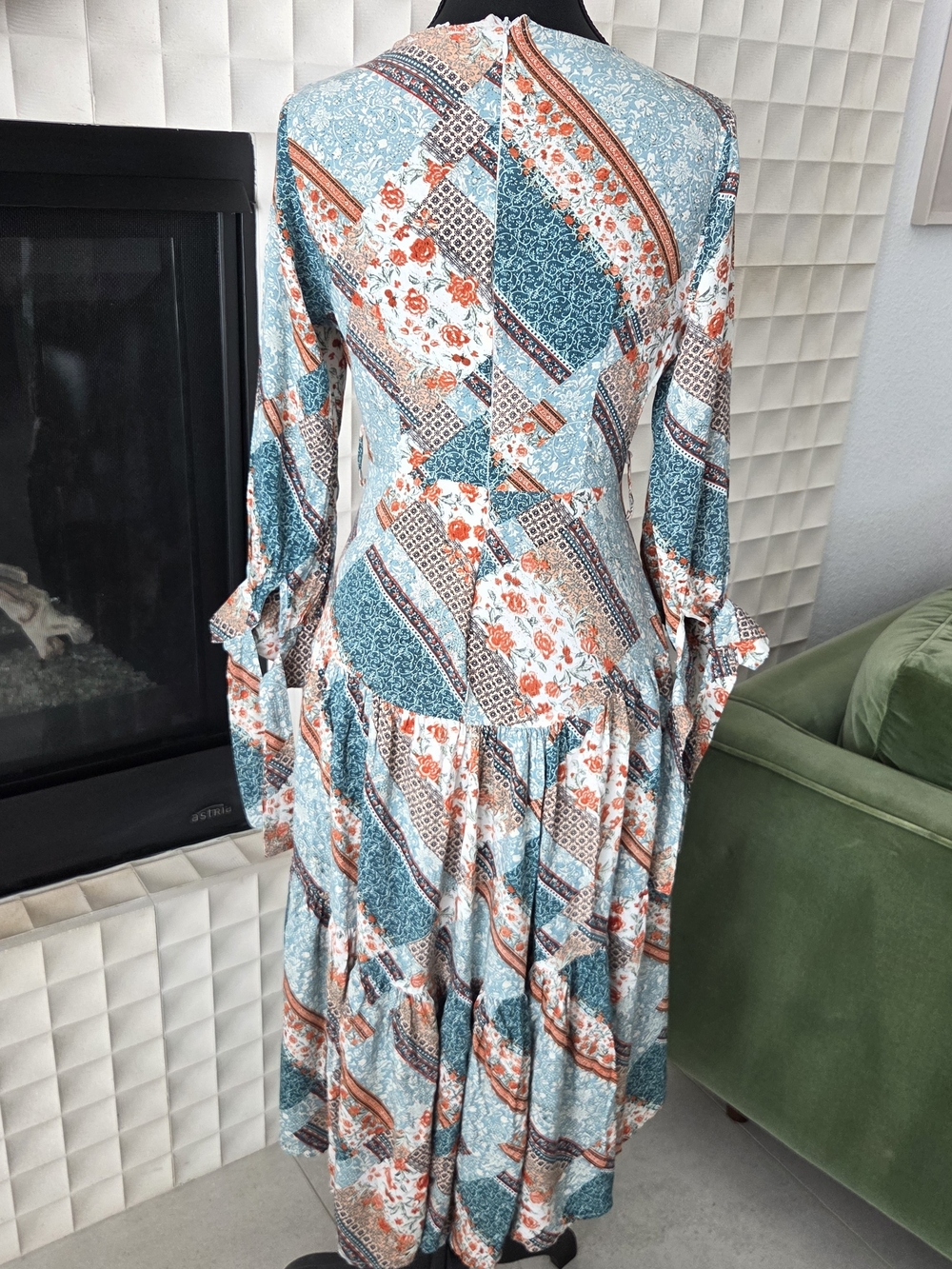 Jaase Patchwork Floral Tiered Midi Dress Boho Long Sleeve Teal Orange Size Small - Picture 6 of 10